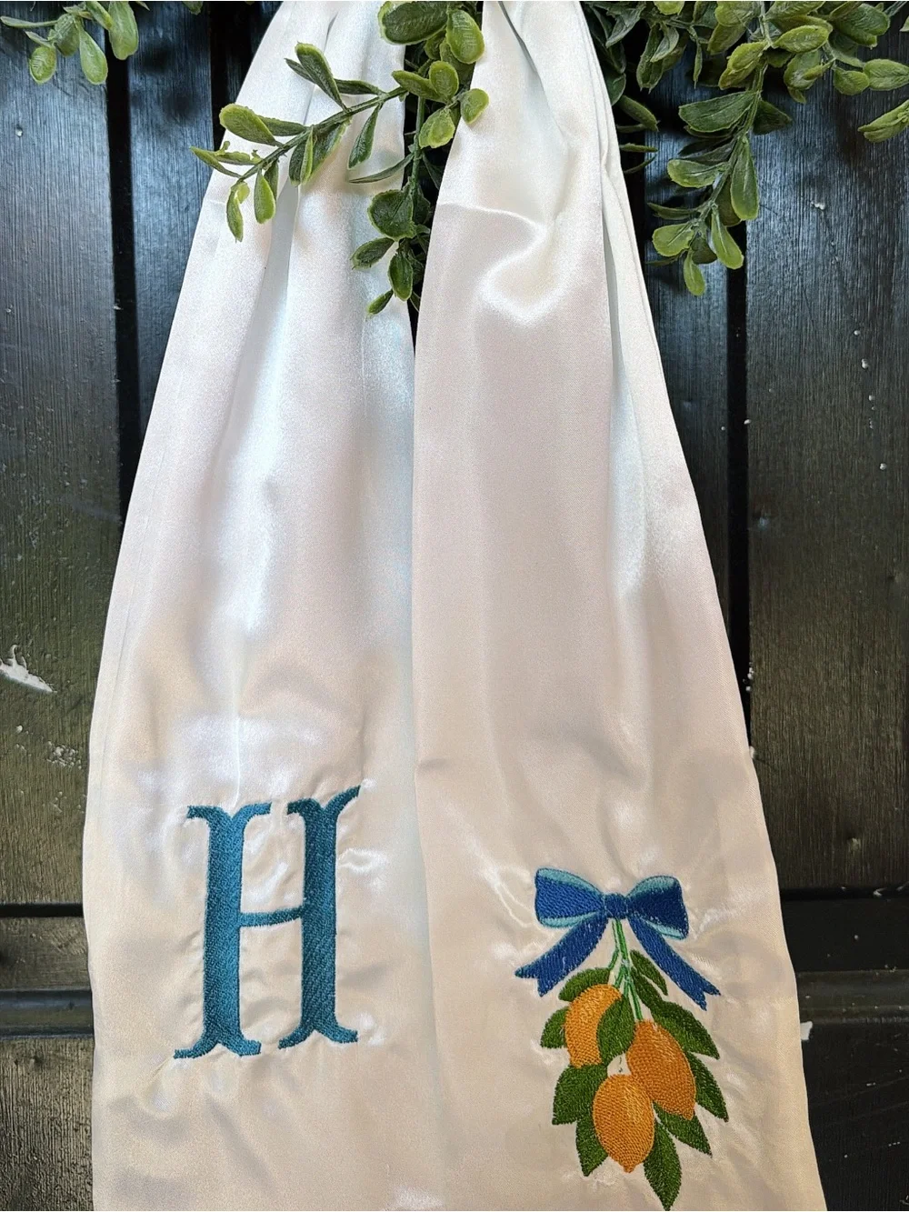 Monogrammed White Satin Sash with Blue and Orange Embroidery